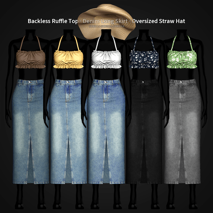 Сет одежды Ruffle Top · Denim Long Skirt · Hat