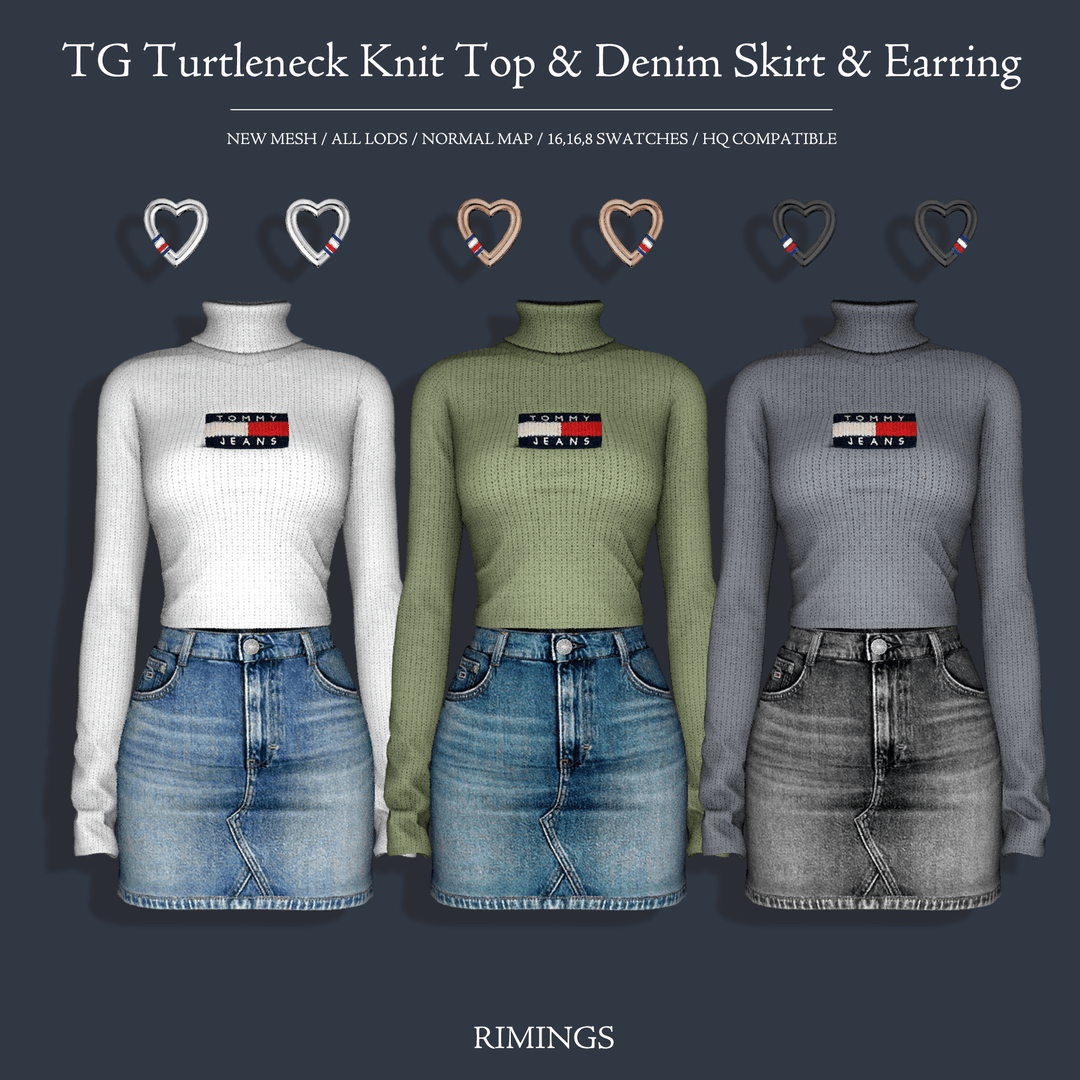 Сет Turtleneck Knit Top & Denim Skirt & Earring